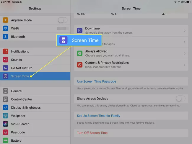 Captura de pantalla de la configuración del iPad con Screen Time resaltado