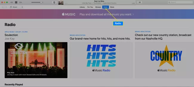 Apple Music Radio en iTunes con la radio resaltada