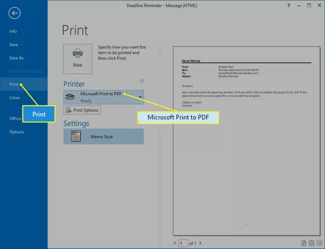 Microsoft Outlook muestra el cuadro de diálogo Imprimir con la opción Imprimir en PDF seleccionada.