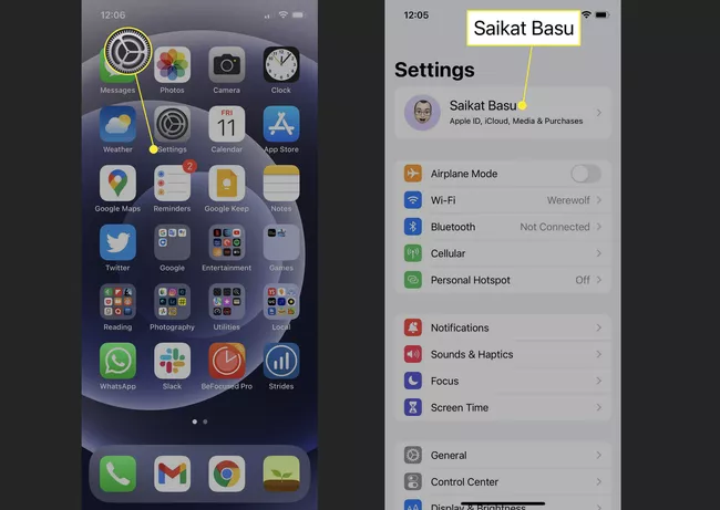 La aplicación Configuración en la pantalla de inicio del iPhone y el ID de Apple en la Configuración del iPhone
