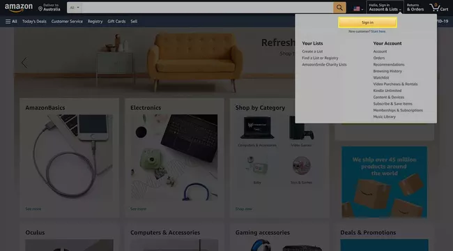 El botón de inicio de sesión resaltado en el sitio web de Amazon.