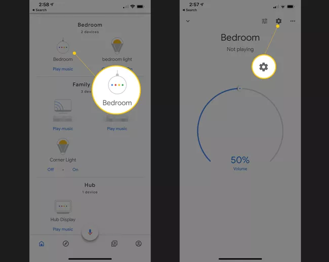 Dos pantallas iOS con el dispositivo Google Home a reconfigurar y el icono de rueda dentada