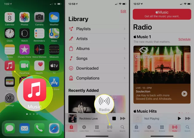 La aplicación Música en iOS con la radio resaltada