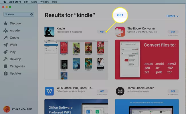 Aplicación Kindle en la App Store con funciones seleccionadas