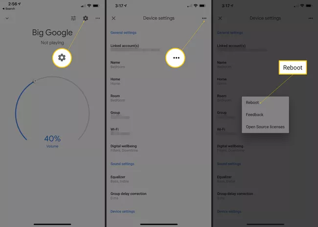 Tres pantallas de iOS en la aplicación Google Home con un icono de rueda dentada, un menú con tres puntos horizontales y una opción de reinicio