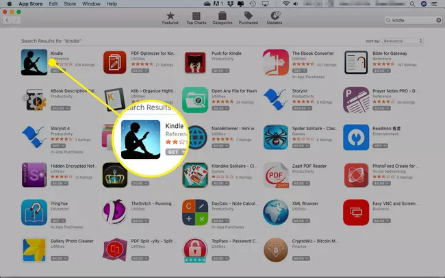Mac App Store con aplicaciones Kindle recomendadas