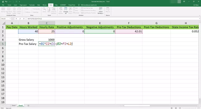 Ingrese una fórmula de nómina antes de impuestos en una celda de Microsoft Excel.