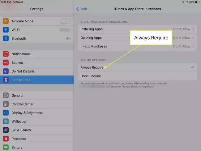 Captura de pantalla de la configuración de compra de iTunes App Store en iPad con Siempre requerido resaltado.