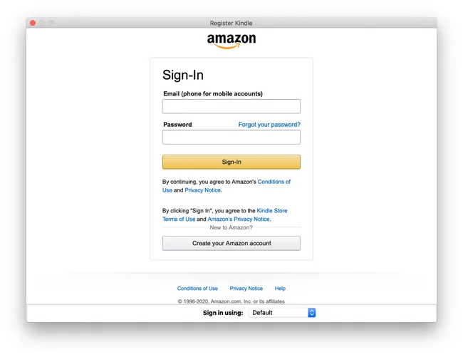 Pantalla de inicio de sesión de Amazon en la aplicación Kindle