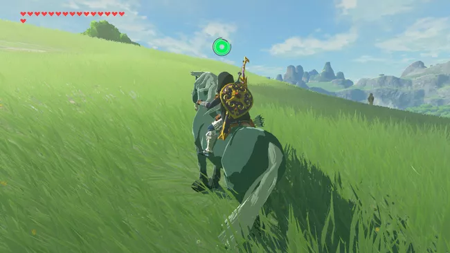 Calma a un caballo salvaje en The Legend of Zelda: Breath of the Wild.