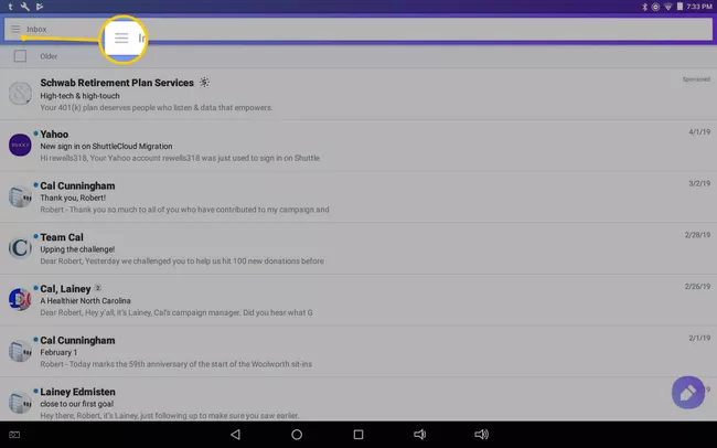El botón de la hamburguesa en la aplicación Yahoo Mail para Android