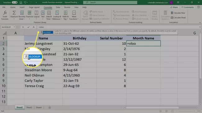 Ingrese la función BUSCARV en Excel para convertir números de serie en nombres de meses