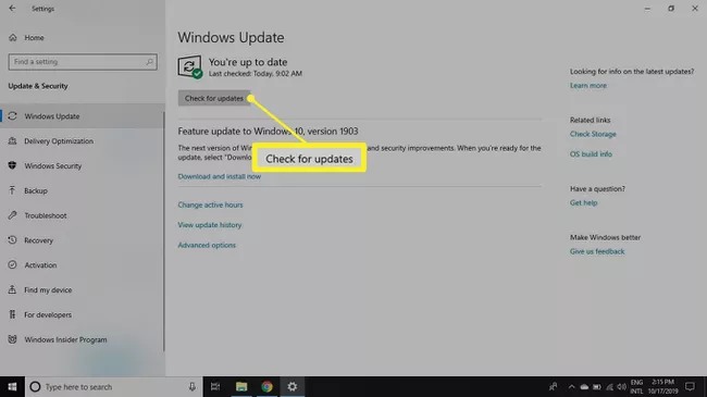 Botón Buscar actualizaciones en Windows Update