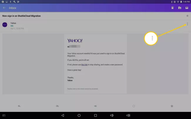 Tres puntos verticales en Yahoo Mail para Android
