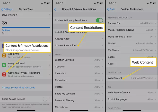 Restricciones de contenido y privacidad, Restricciones de contenido, Contenido web en iOS