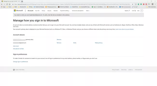 Captura de pantalla del sitio web de cuentas de Microsoft con alias recién agregados
