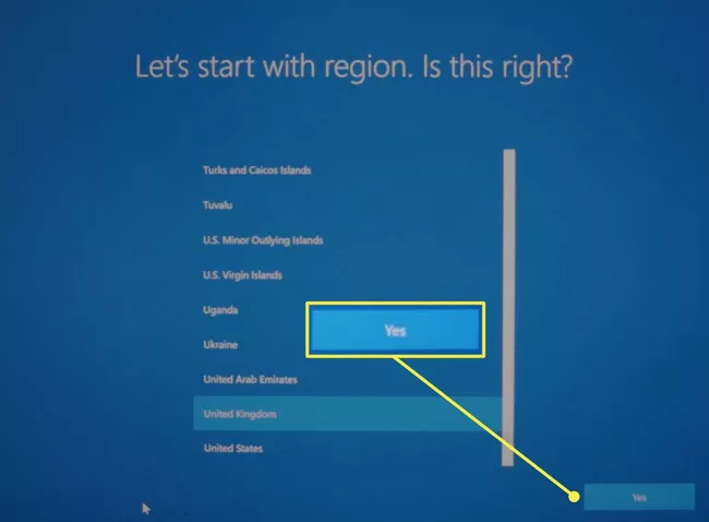 Pantalla de selección de región durante la instalación de Microsoft Windows 10.
