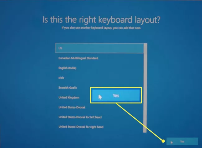 Durante la instalación de Microsoft Windows 10, seleccione Configurar distribución de teclado.