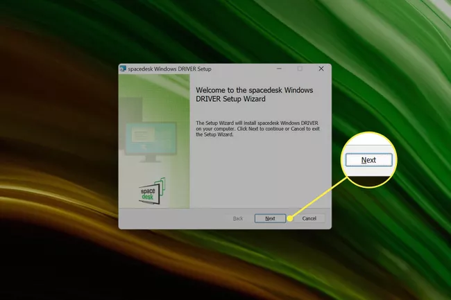 Spacedesk Windows Installer resalta el botón Siguiente para guiarlo a través del proceso de instalación.