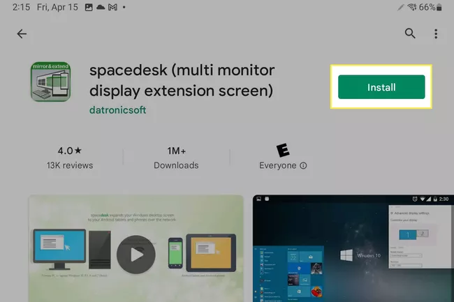 La página de Spacedesk con el botón Instalar resaltado en Google Play Store.