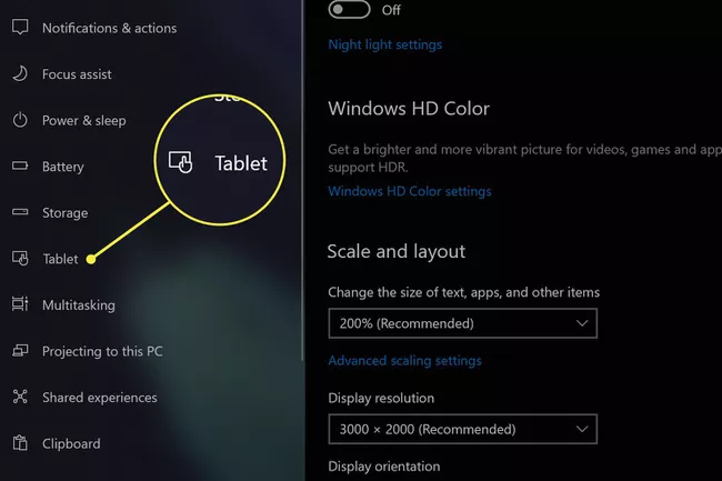 Menú de configuración de Windows 10 con opciones de tableta resaltadas.