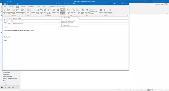 Captura de pantalla de la opción de captura de pantalla en Outlook