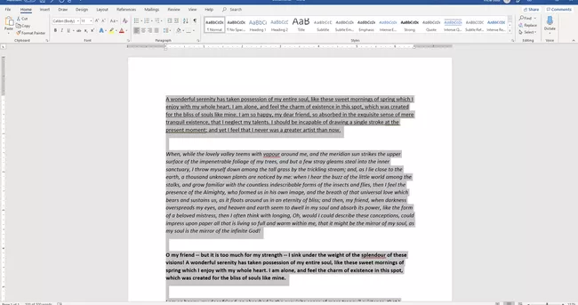 Captura de pantalla de todo el texto seleccionado en un documento de Word