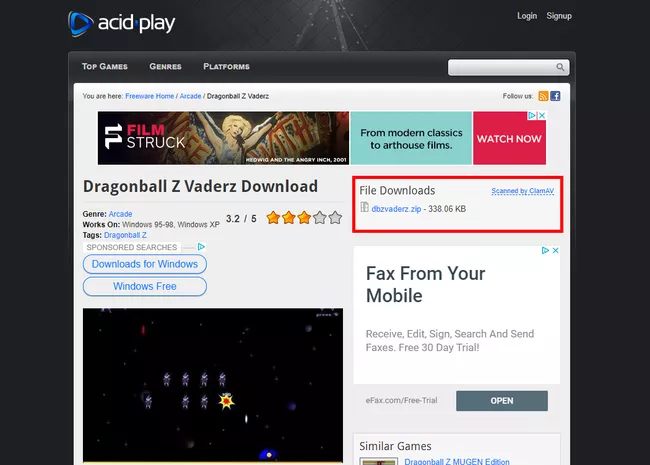 Captura de pantalla que muestra dónde encontrar descargas en la página de Acid Play Games.
