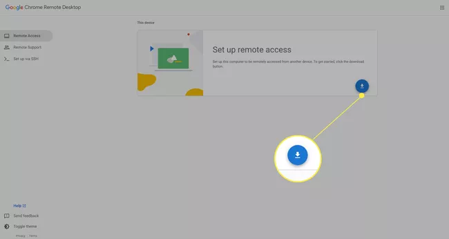 Página de acceso remoto de Google con la flecha hacia abajo resaltada