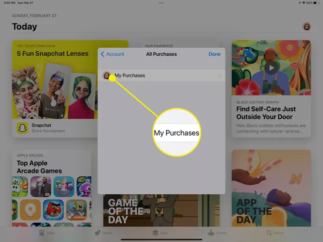El enlace Mis compras apunta a su historial de compras en la iPad App Store.