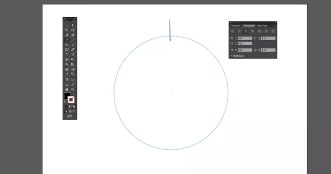 El cursor está en la parte superior del círculo y el panel Paragrah está abierto con el indicador Alinear al centro.