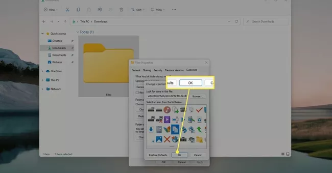 El botón Aceptar cambia los iconos de carpeta en Windows 11