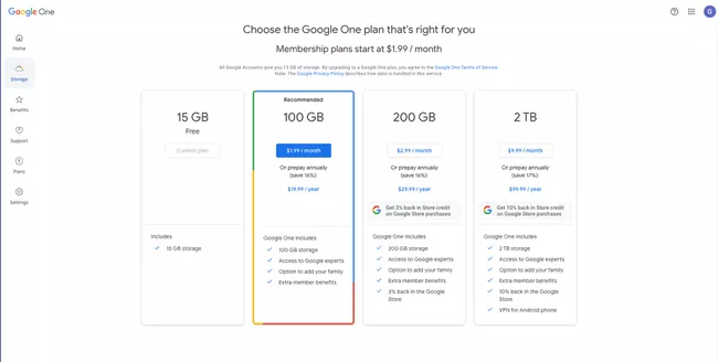 Plan de suscripción de GoogleOne disponible