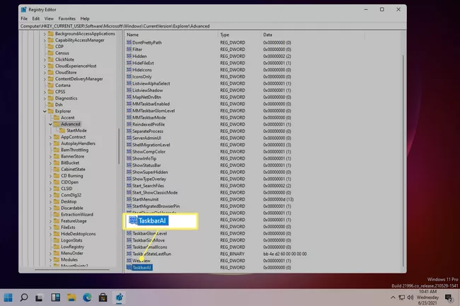 Valor de registro de alineación de la barra de tareas de Windows 11
