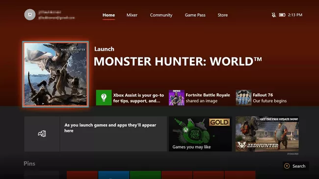 Pantalla de bienvenida de Monster Hunter: World en el tablero de Xbox One