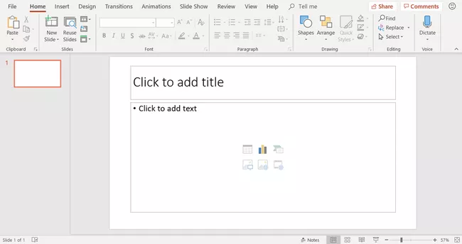 Captura de pantalla que muestra el contenido y el diseño de la diapositiva de título de PowerPoint con iconos para insertar gráficos