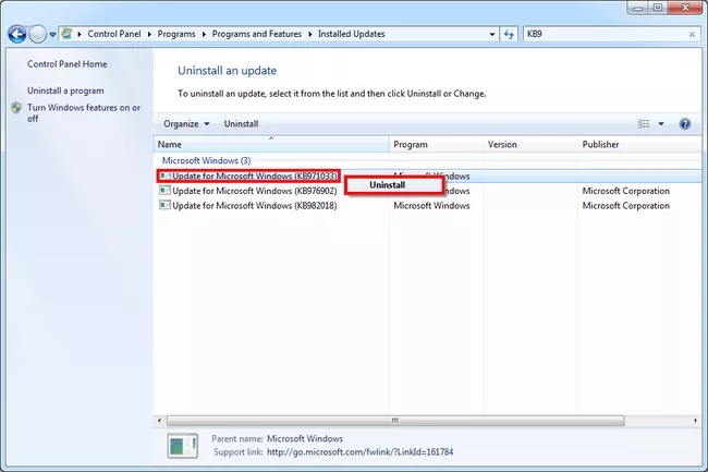 Captura de pantalla que muestra cómo desinstalar KB971033 en Windows 7