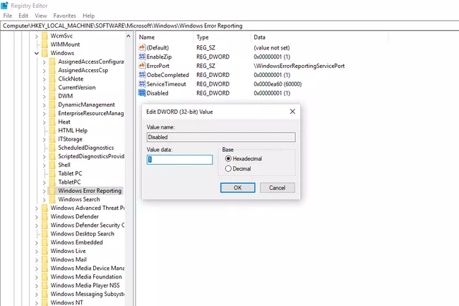 Captura de pantalla que muestra cómo deshabilitar el Informe de errores de Windows en Windows 10 en el Editor del Registro