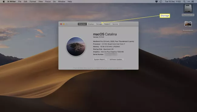 Escritorio de Apple con Acerca de esta Mac y Almacenamiento resaltados.