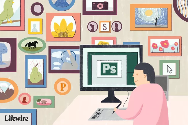 Ilustración de una persona que usa Photoshop en una computadora apoyada contra una pared llena de fotos enmarcadas