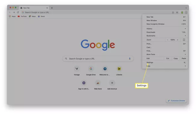 Resalte la configuración de Google Chrome.