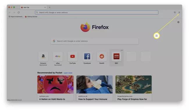 Firefox con el ícono de la hamburguesa resaltado.