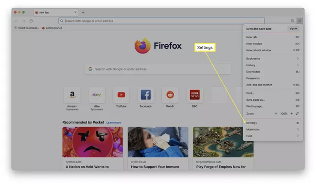 Configuración de Firefox seleccionada.