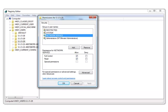 Captura de pantalla de permisos de registro en Windows 7