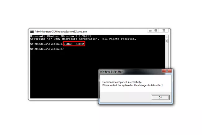 Captura de pantalla del comando slmgr -rearm en el símbolo del sistema de Windows 7