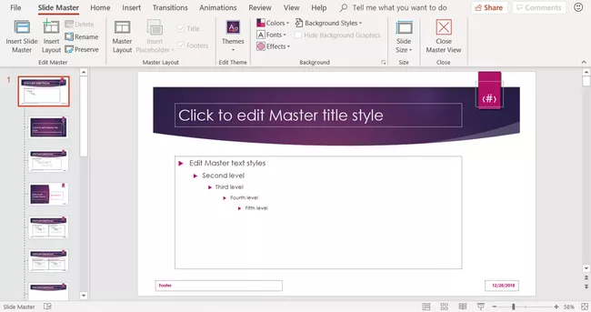 Captura de pantalla que muestra la vista Patrón de diapositivas deshabilitada en PowerPoint