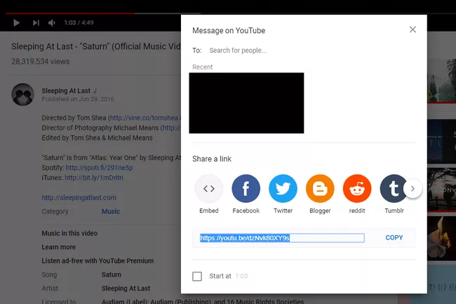 Opciones para copiar la URL de YouTube